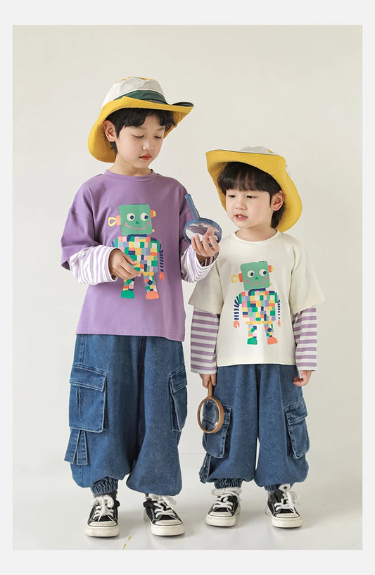 Long Sleeve Patchwork Robot Fake 2pc T-shirt - TOTSBY TOTSBY