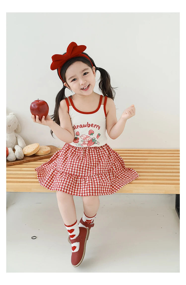 Strawberry Print Top and Plaid Skirt Set - TOTSBY