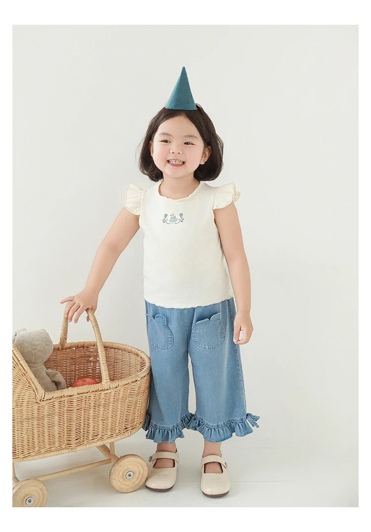 Solid Color Frill Jeans For Girls - TOTSBY