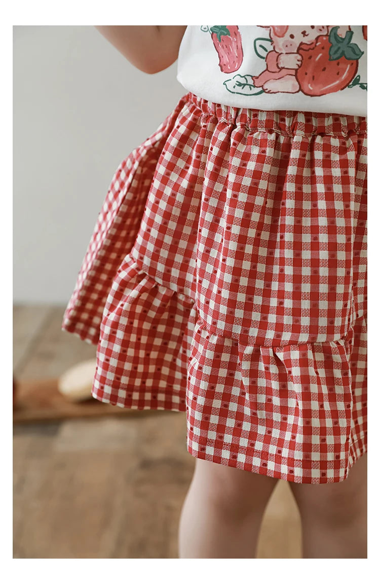 Strawberry Print Top and Plaid Skirt Set - TOTSBY