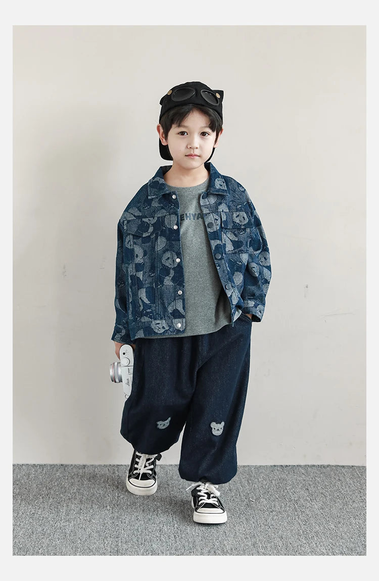 Boys Panda Print Denim Button Jacket - TOTSBY